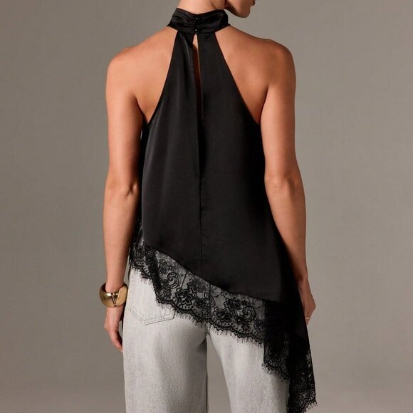 Black elegant Women's Sleeveless High Neck Lace Trim Asymmetric Satin Top - Picture 2 of 5